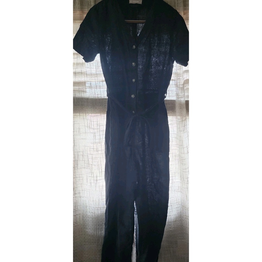 Everlane Black 100% Linen Short Sleeve Button Front Picnic Jumpsuit Womens 8